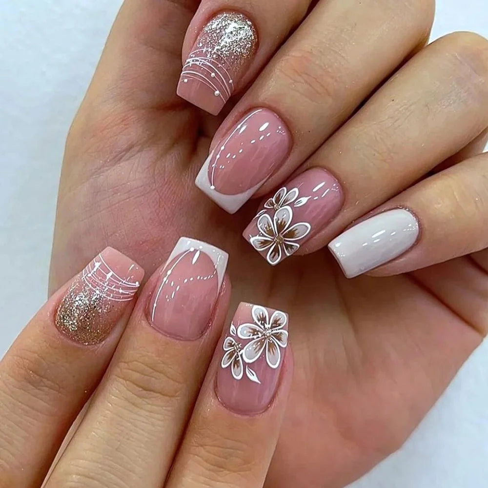 Sweet pink floral medium square false nails 24 piece press-on set