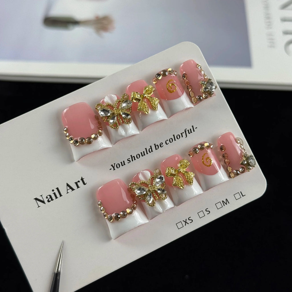 White diamond butterfly press-on nails short glitter nail art